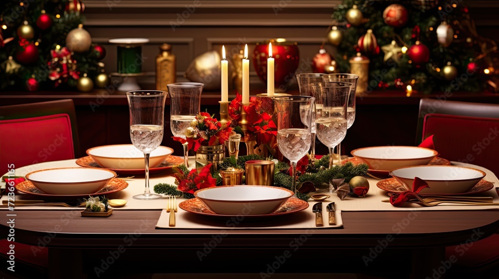 Christmas Dinner Table Set with Wine Glasses, Candles, and Plates