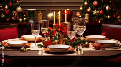 Christmas Dinner Table Set with Wine Glasses  Candles  and Plates