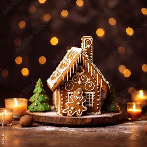 A Cozy Christmas Scene with a Gingerbread House and Candles
