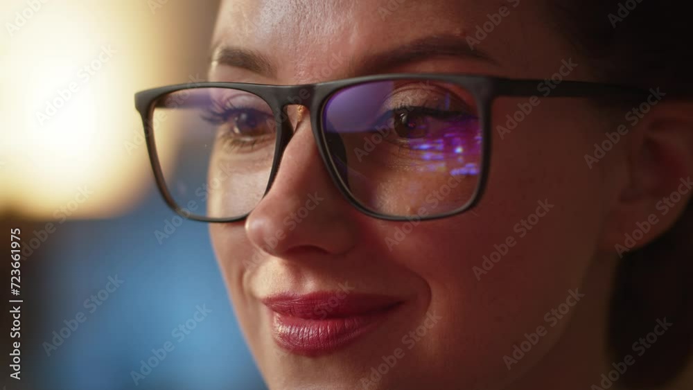 Close up shot of nervous business lady control the stocks market updates in eyeglasses reflection. Professional trader analyzing graphics changes. Stocks market financial analytic 