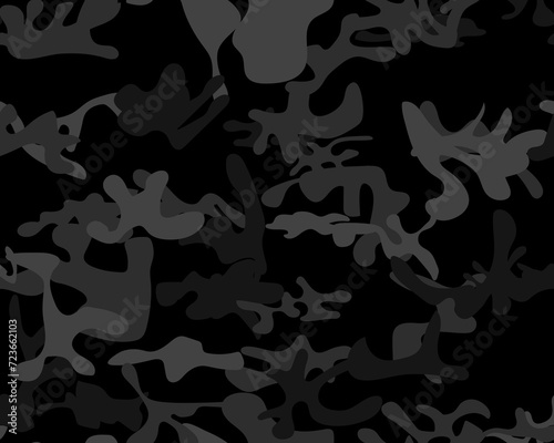 Camouflage Woodland Modern. Tree Abstract Print. Digital Dark Camouflage. Black Camo Print. Urban Fabric Pattern. Seamless Brush. Army Dirty Grunge. Vector Black Pattern. Seamless Vector Background.