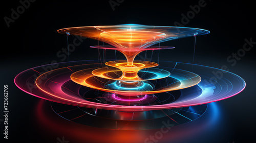 Colorful 3d model funnel flow, 5 layers,levitating, on dark blue background