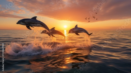 Three beautiful dolphins jump over the rising waves. Marine animals in their natural habitat.
