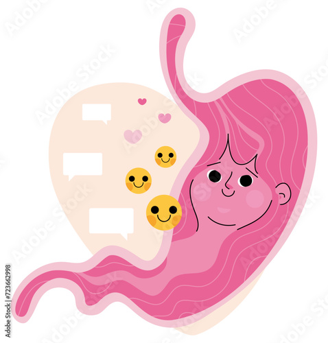 Illustration médicale des troubles gastro-intestinaux chez la femme, estomac et symptômes de dyspepsie, émotion et santé du ventre, équilibre intestinal,reflux acide, vecteur mignon et sympathique