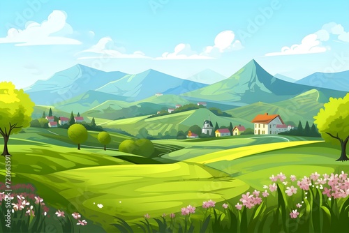 Picturesque Landscape with Green Meadows and Mountain Backdrop