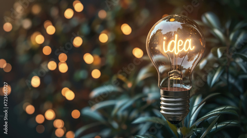 Light bulb with glowing Idea text on blurred bokeh background with free place. Education, solution, business, thought, brainstorming concept