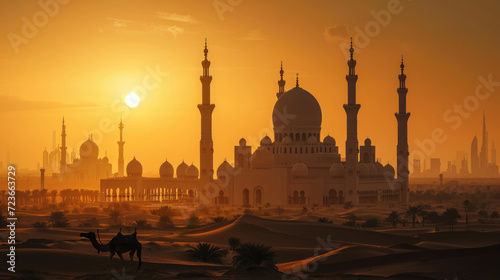 Camel silhouette and majestic mosque in the desert at sunset