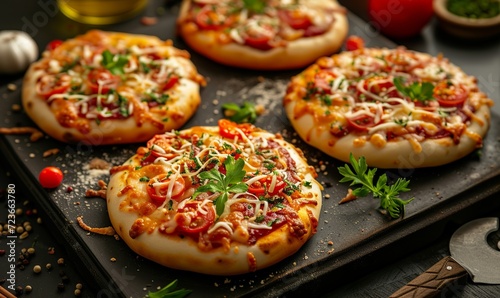 mini own pizza with different toppings on top