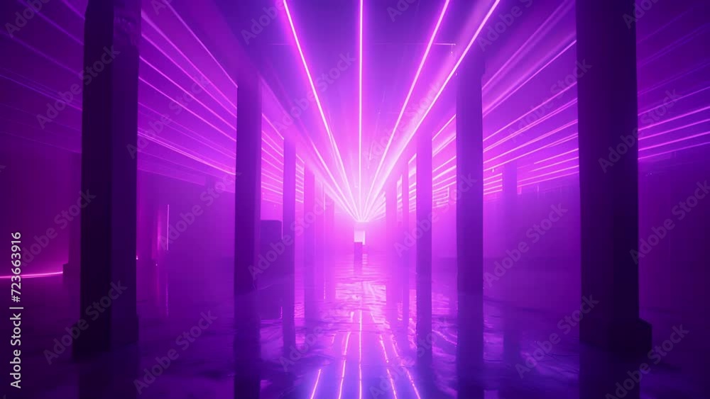 The room is illuminated by a pulsating lightscape with beams of color shooting in every direction. The hazy abstract visuals create a sense of movement and energy bringing