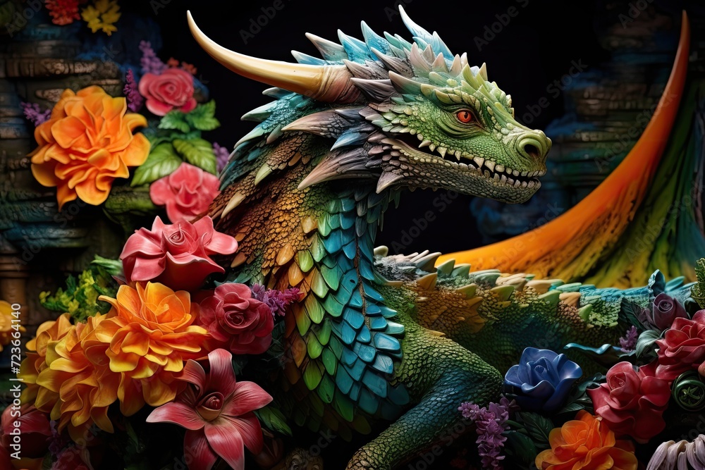 Obraz premium Dragon Maiden - A Beautifully Painted Dragon in a Flower-filled Garden