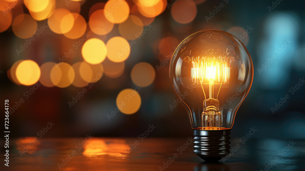 Glowing light bulb on blurred bokeh background with free place for text. Education, idea, thought, brainstorming concept Glowing light bulb on blurred bokeh background with free place for text. Education, idea, thought, brainstorming concept