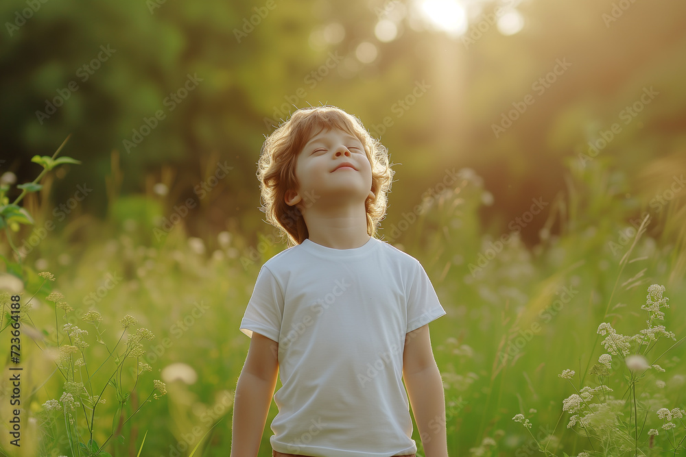 a child takes deep breath fresh air in the field of meadow and forest, nature and environment concept, generative Ai
