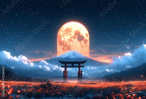 Rising Moon Over a Snowy Mountain: A Stunning Nighttime Scene Generative AI