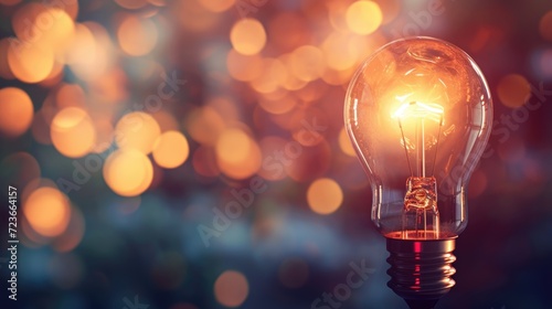 Glowing light bulb on blurred bokeh background with free place for text. Education, idea, thought, brainstorming concept