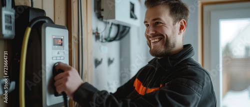 Electrician man smiling and installing a home charging.