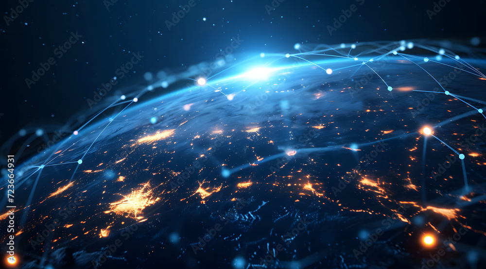 Illustration of global network connections and communication technology for internet business and telecommunication, featuring earth connector, earth map, and a 3D globe with an electronic network. Illustration of global network connections and communication technology for internet business and telecommunication, featuring earth connector, earth map, and a 3D globe with an electronic network.