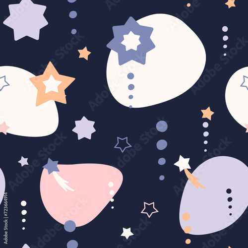 Bohemian baby pattern. Seamless baby pattern in boho style. Bohemian pattern for kids with organic shapes and stars on blue background. © Elena