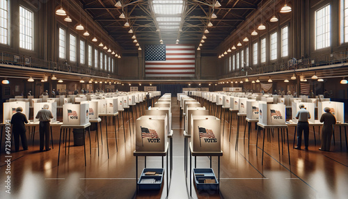 A Grand Hall Filled with Voters at Polling Booths under the American Flag, Symbolizing the Democratic Process and Civic Duty. photo