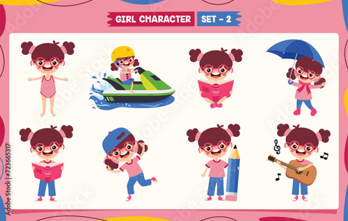 Cartoon Girl Doing Various Activities