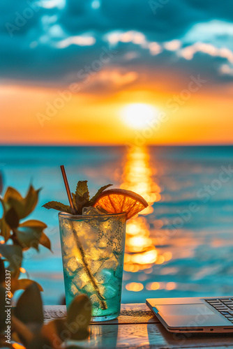 Cocktail Drink Summer Beach Tropical Exotic Sea Vacation Refreshment Alcohol, Glass Fruit Straw Cold Orange Holiday Ice Water Sky Travel