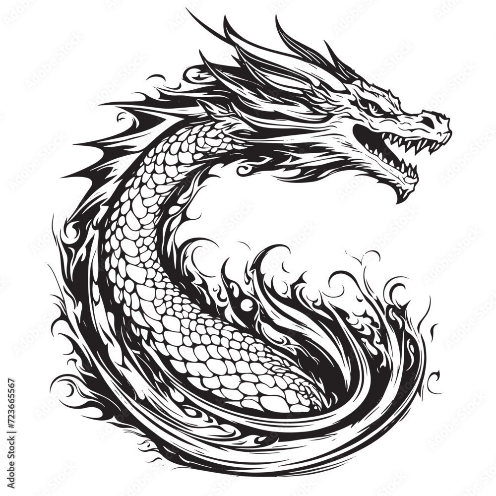 Dragon with fire vector isolated sillhouette
