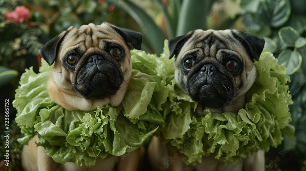 Two pugs dressed in lettuce are standing next to each other. Generative AI 