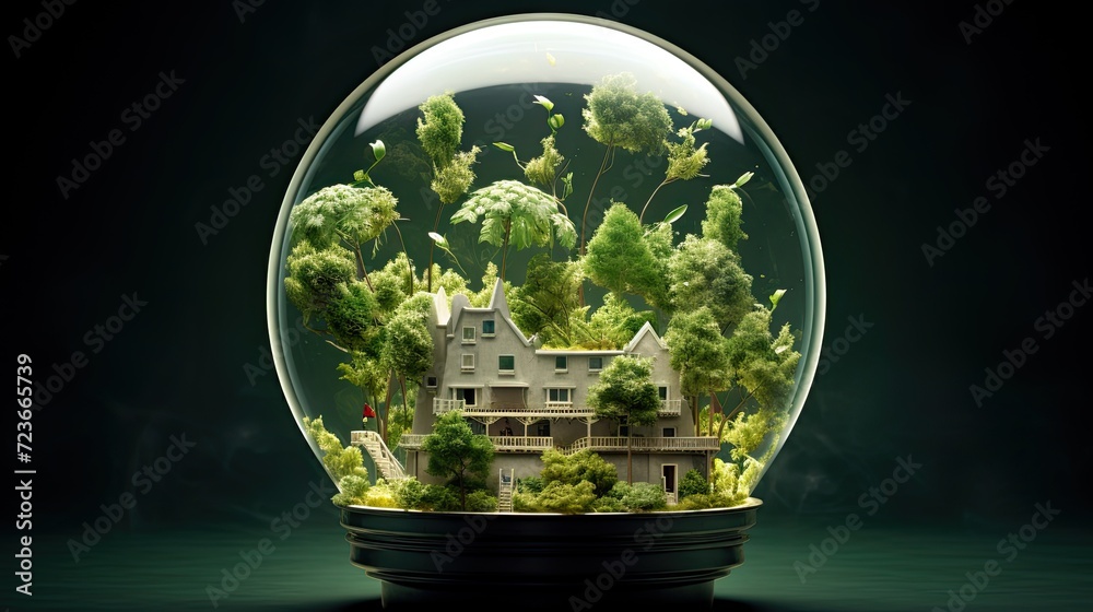 A whimsical glass house inside a snow globe A whimsical glass house inside a snow globe
