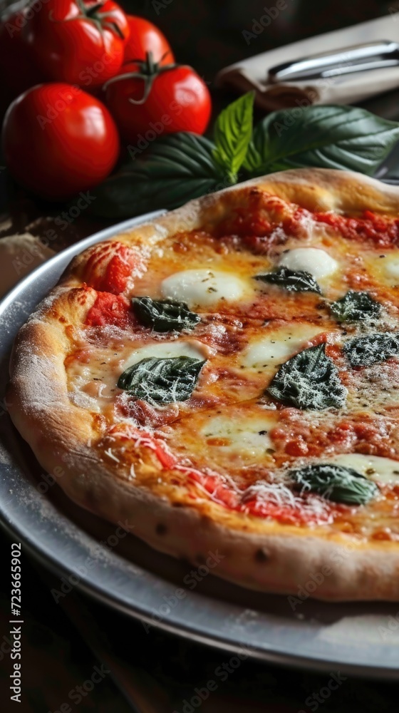 Fresh Margherita Pizza on Dark Wooden Table. A freshly baked Margherita pizza with vibrant basil leaves on a rustic dark wooden background.