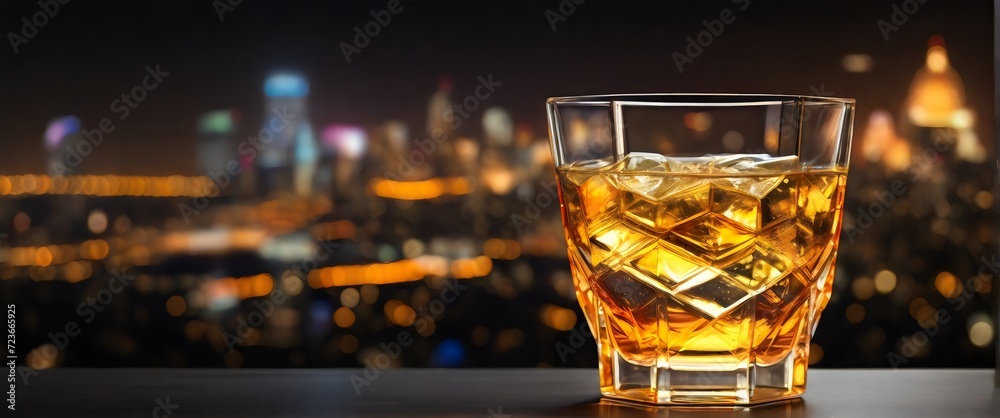Golden Glow: Hexagonal Cocktail Glass Filled with a Luminous Libation on a City Lights Background