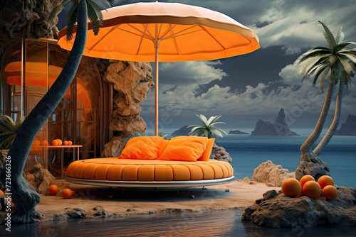 Relaxing on an orange beachbed under an umbrella by the water photo