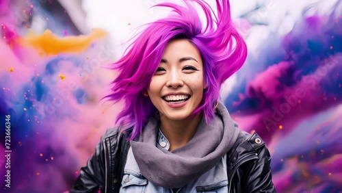 An Asian girl stands with vibrant purple hair a backdrop of bright splashes of paint conveying her creative nature. photo