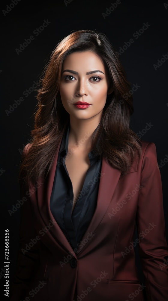 Confident Professional in Burgundy Suit. Striking businesswoman in a burgundy suit with a commanding presence.