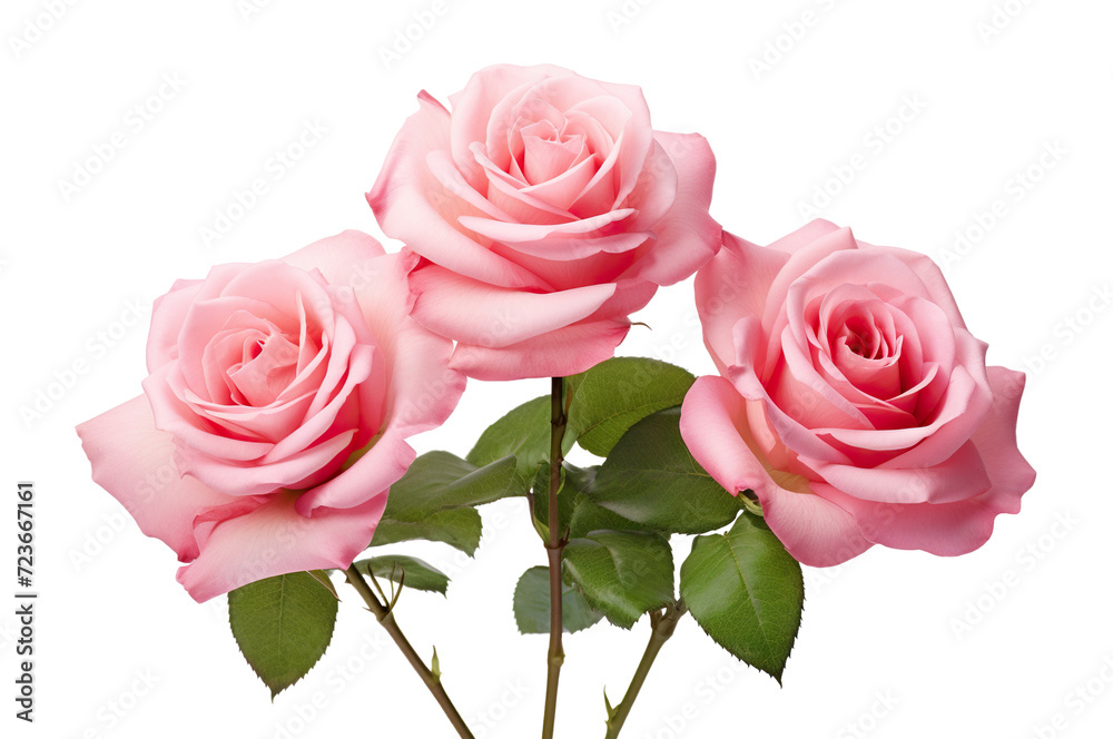Three beautiful pink roses in full bloom, with soft petals and green leaves, cut out Three beautiful pink roses in full bloom, with soft petals and green leaves, cut out