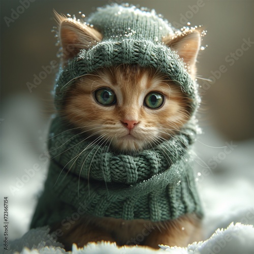 Winter Warmth  A Cute Kitten in a Green Sweater Generative AI