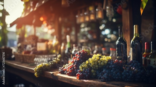 wine bottles and red and green grapes