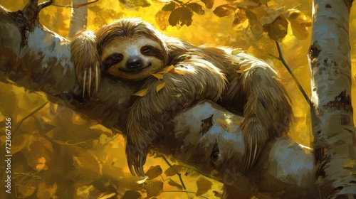 A sloth is sitting on a tree branch in the woods, AI
