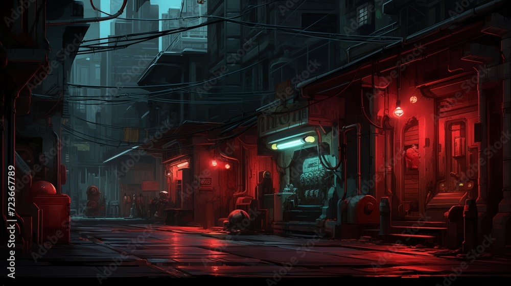 The street of the night city with gloomy red lighting. Digital concept, illustration painting.