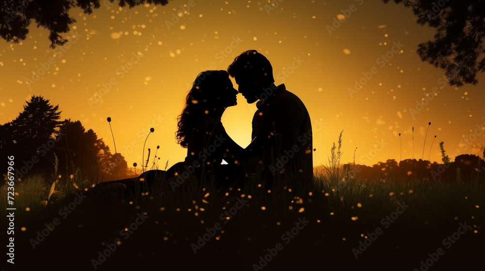 silhouette of Couple in love kissing and during sunset with evening sky background