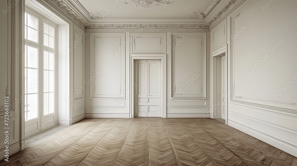 An empty French-style room with natural light, classic white wall paneling, and detailed chevron parquet flooring, exuding elegance and architectural detail.