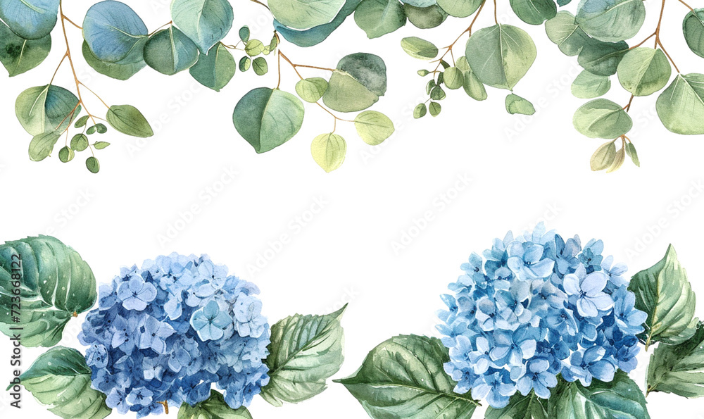 Watercolour set of Hydrangea flowers and eucalypts isolate on white background - obrazy, fototapety, plakaty 