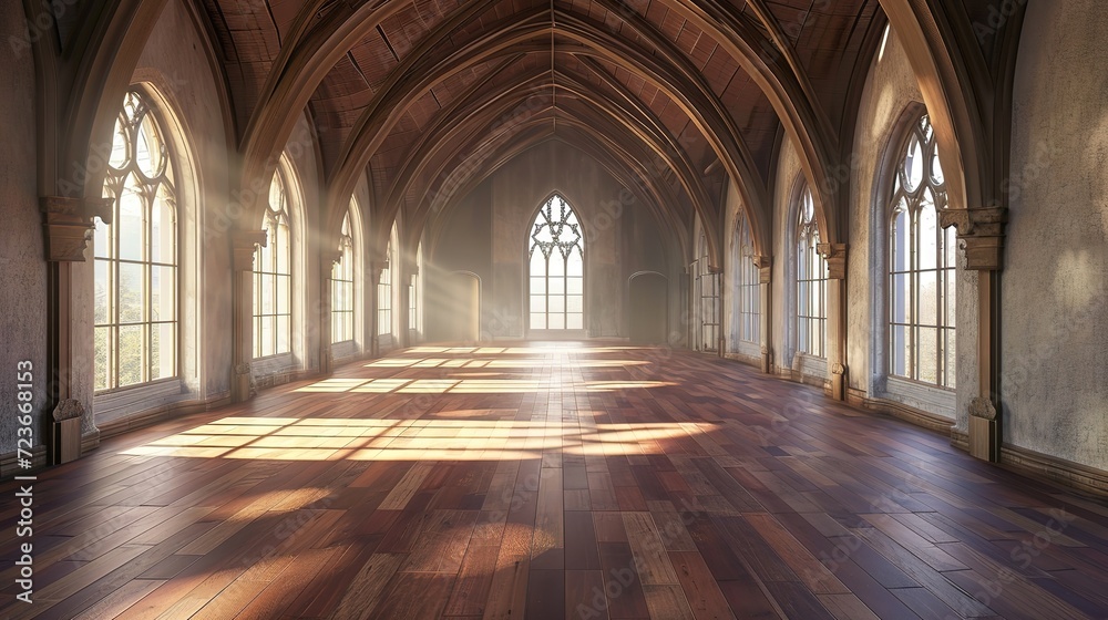 Sunlight streams through the arched windows, casting patterns on the polished wooden floor of an empty gothic hall.
