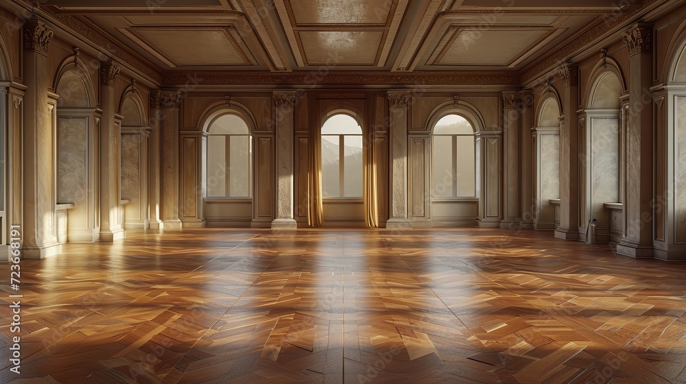 Late afternoon sunlight casts a warm glow in an elegant hall with ornate wooden floors and classical architecture.