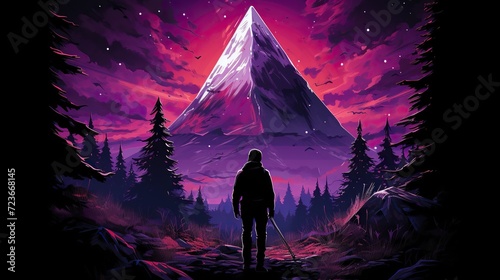 The silhouette of a traveler standing in the forest, looking at a high mountain. Digital concept, illustration painting.
