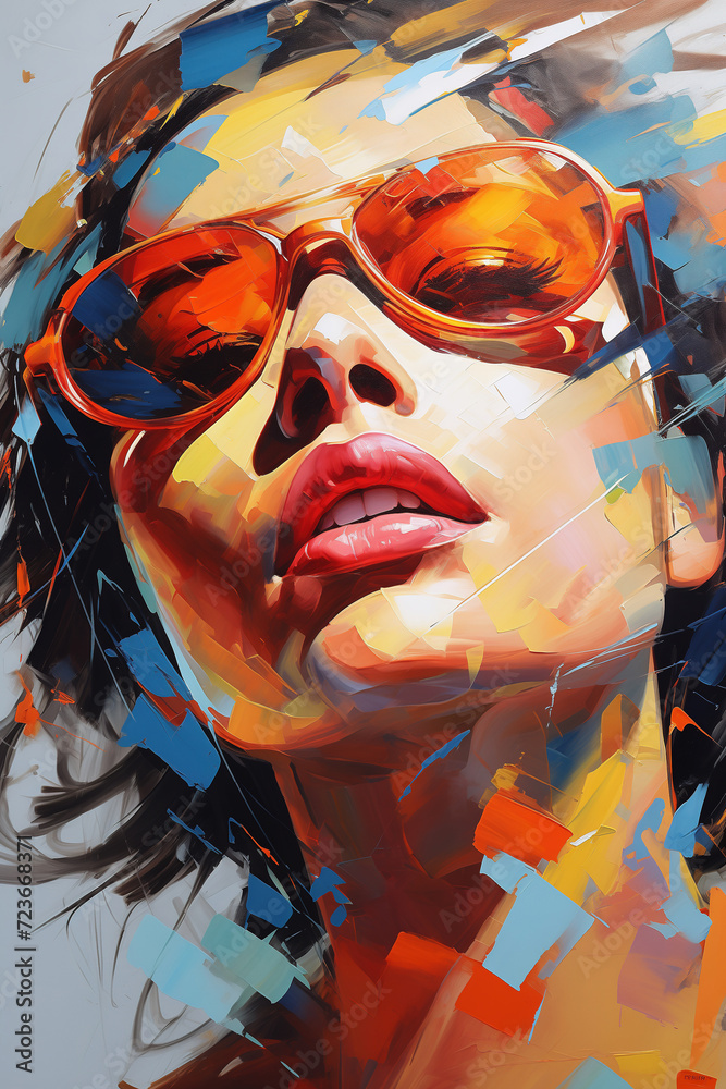 A vibrant acrylic painting captures the essence of modern art through a human face adorned with stylish sunglasses, showcasing the fusion of traditional drawing techniques and contemporary artistry