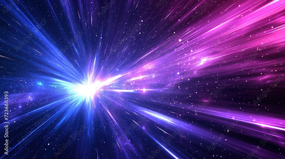 Abstract concept of a bright light burst in a cosmic space tunnel with pink and blue hues, symbolizing high velocity and energy.