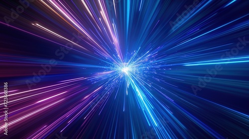 Dynamic representation of hyperspace travel with a blue light burst in a tunnel effect, conveying motion and speed in space. photo