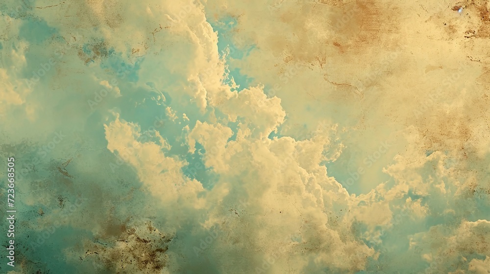 Vintage-styled image of a vast cloudscape, with fluffy white clouds against a textured turquoise and brown backdrop, evoking a nostalgic feel.