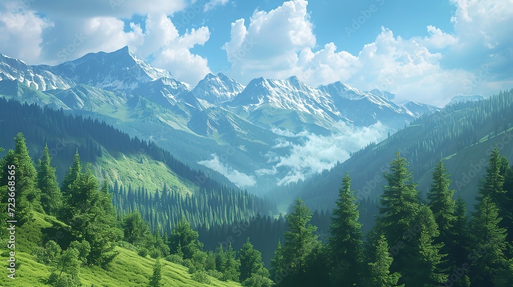 A serene view of a verdant mountain forest under a clear blue sky, with majestic snow-capped peaks and low-hanging clouds in the background.