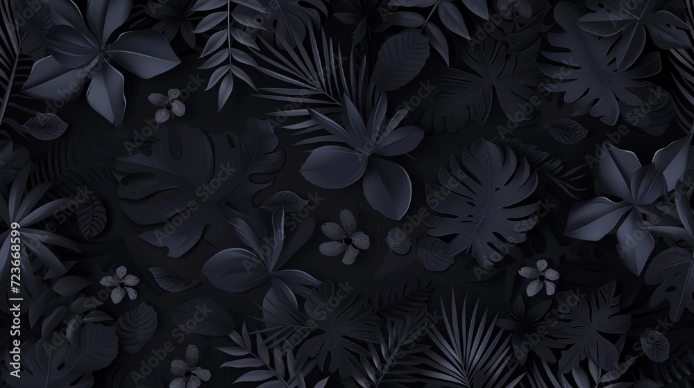 Monochromatic vector background with scattered abstract black leaves, flowers and other botanical elements. Random cutout dark tropical foliage collage, ornamental texture, cute decorative pattern - obrazy, fototapety, plakaty 