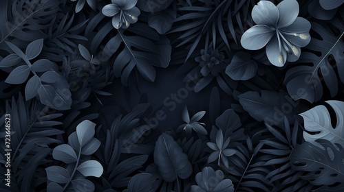 Monochromatic vector background with scattered abstract black leaves, flowers and other botanical elements. Random cutout dark tropical foliage collage, ornamental texture, cute decorative pattern. photo